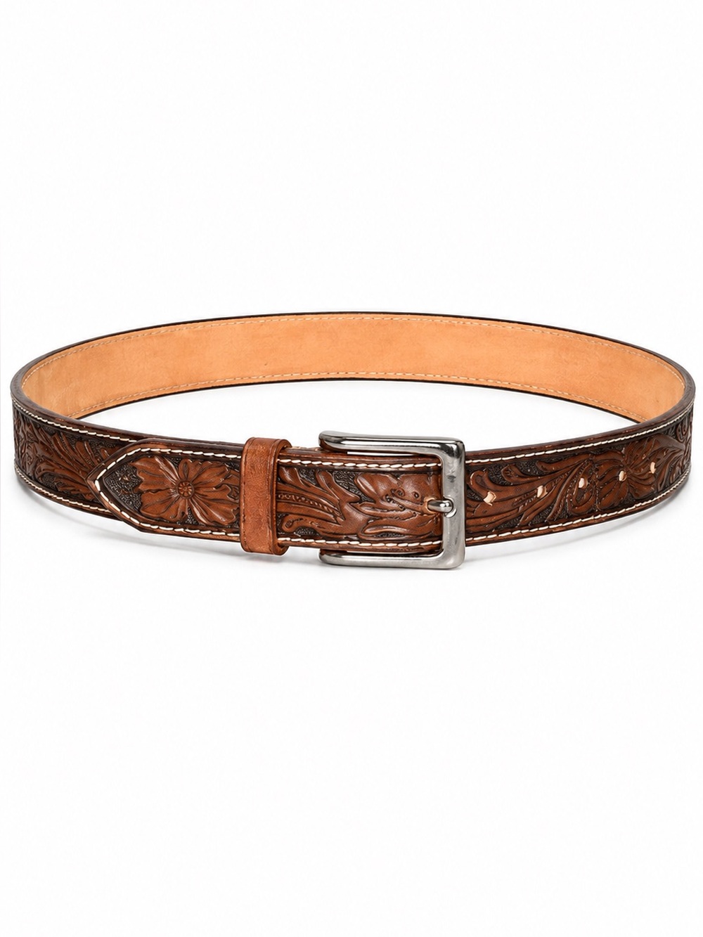 Tooled Leather Floral Belt - Black Brown handmade